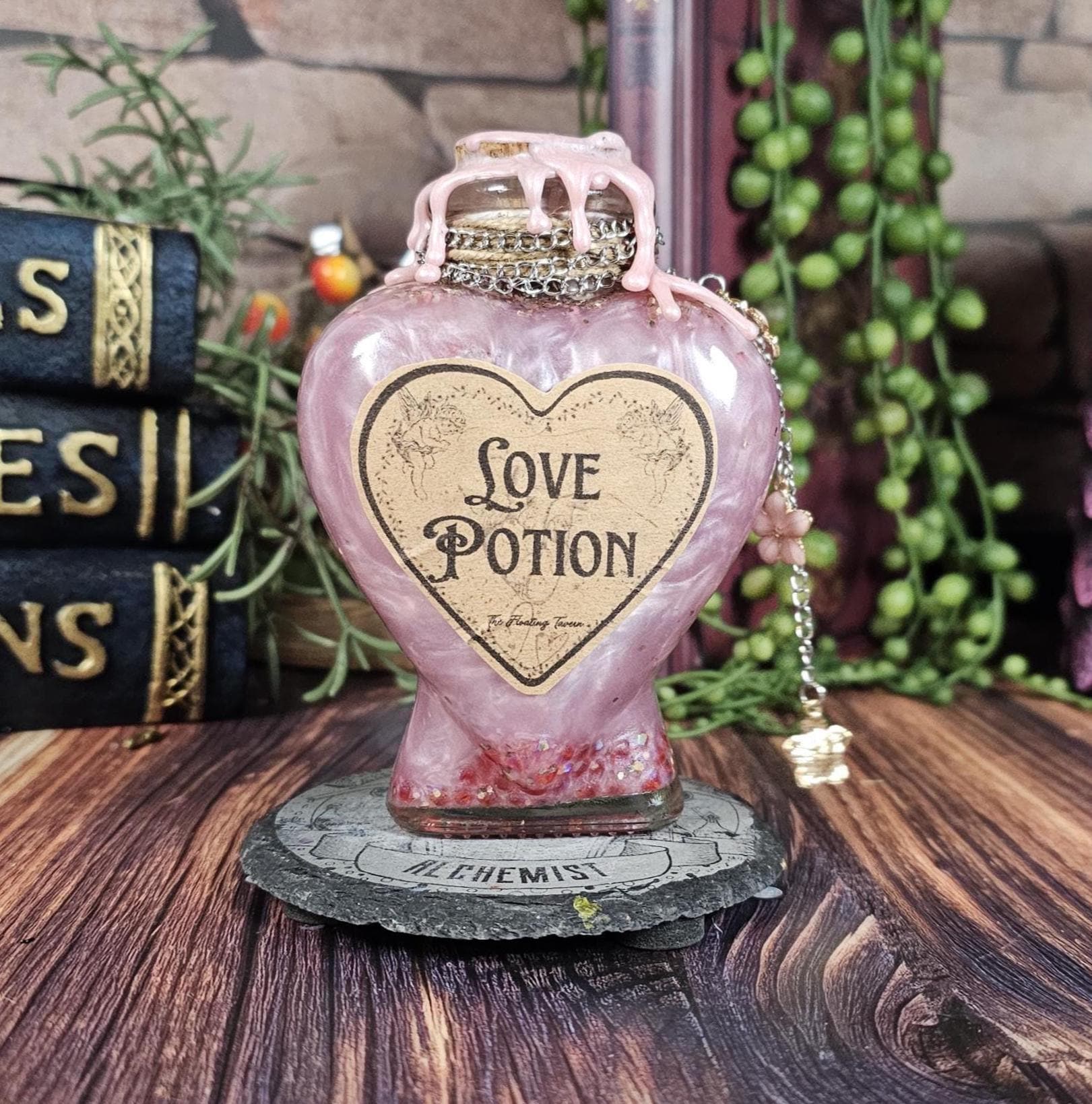 Love Potion: Medieval Fantasy Decor, Gold Glitter Bottle with Charms